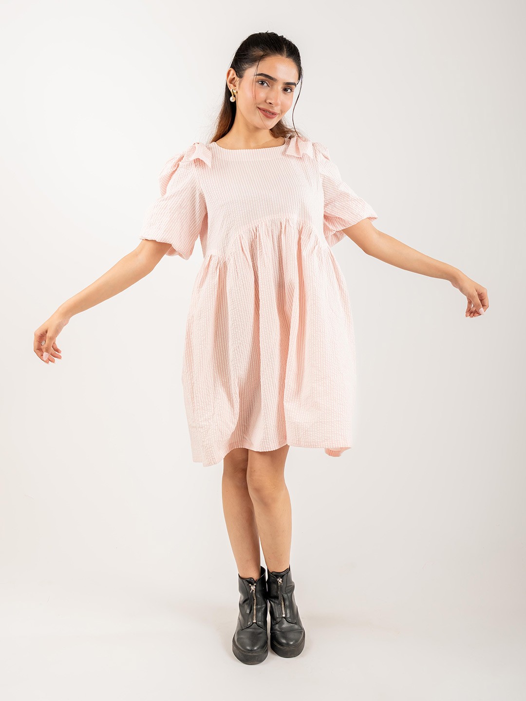 

MONOMEE Women Striped Cotton Fit and Flare Mini Dress, Pink