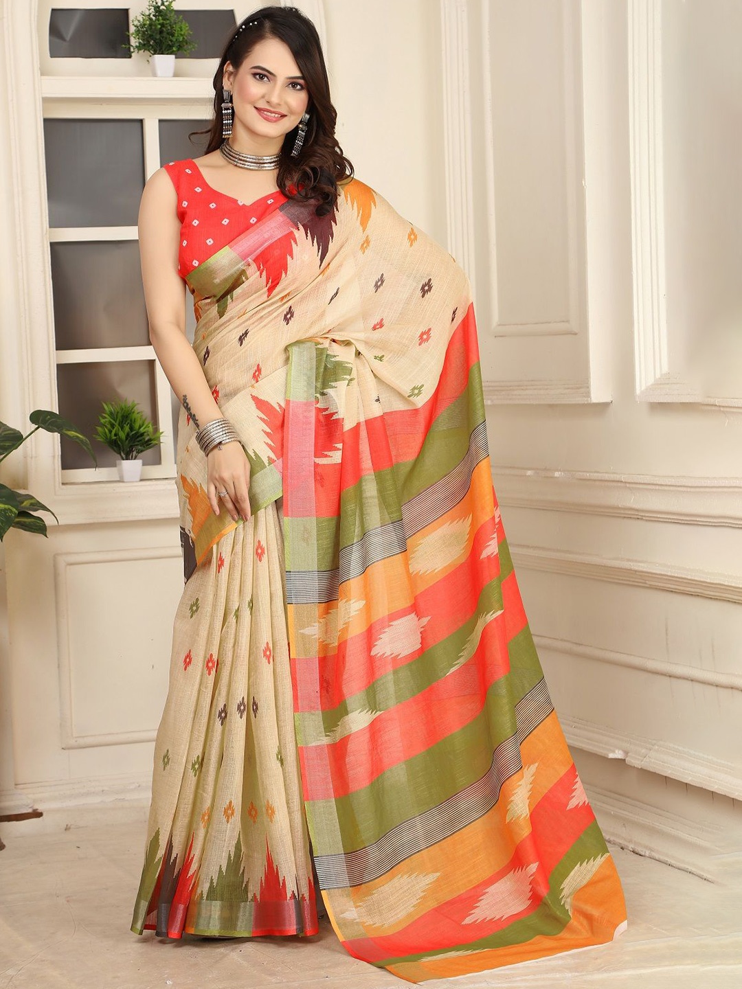 

Sarvada Ethnic Motifs Pure Cotton Saree, Beige