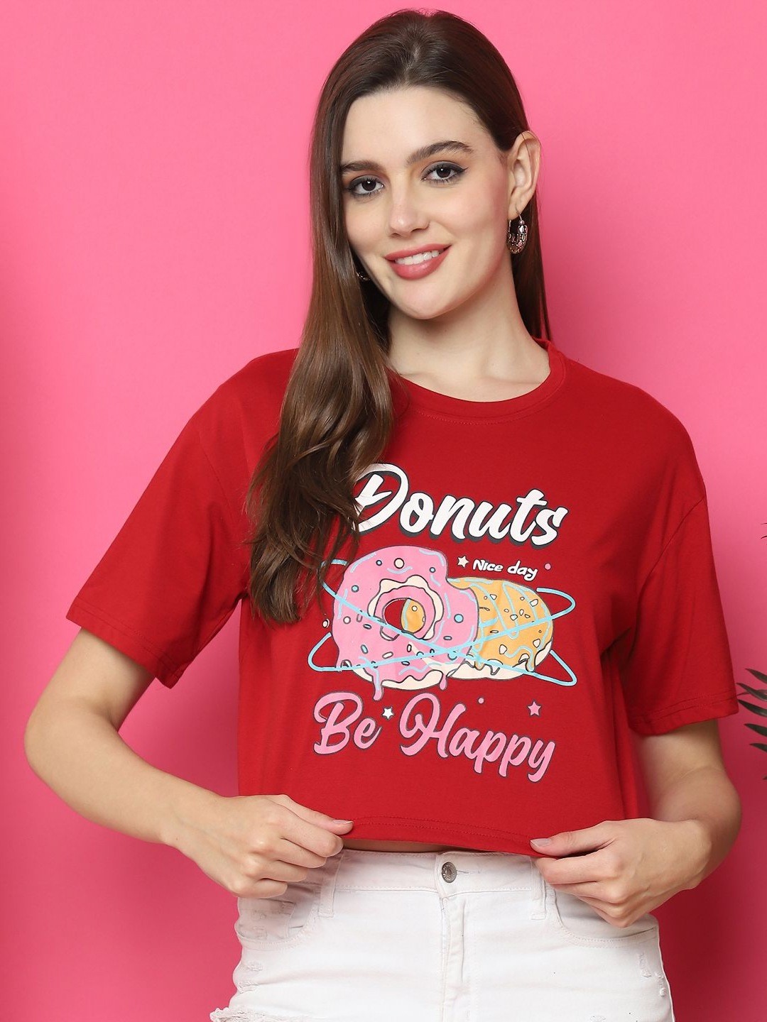 

Dreambe Women Graphic Printed Round Neck Cotton Boxy T-shirt, Red