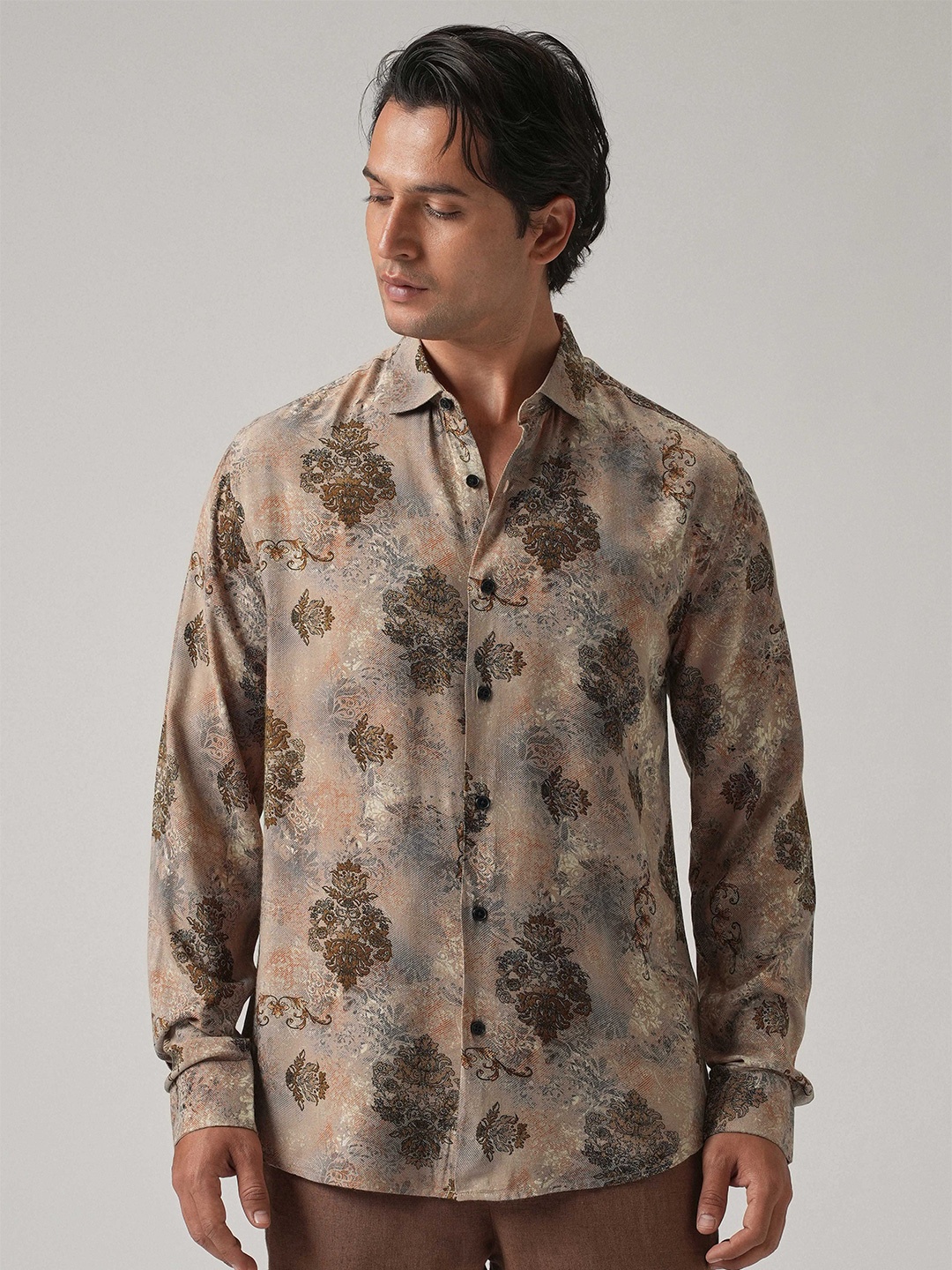 

Banana Club Men Classic Slim Fit Floral Printed Casual Shirt, Beige