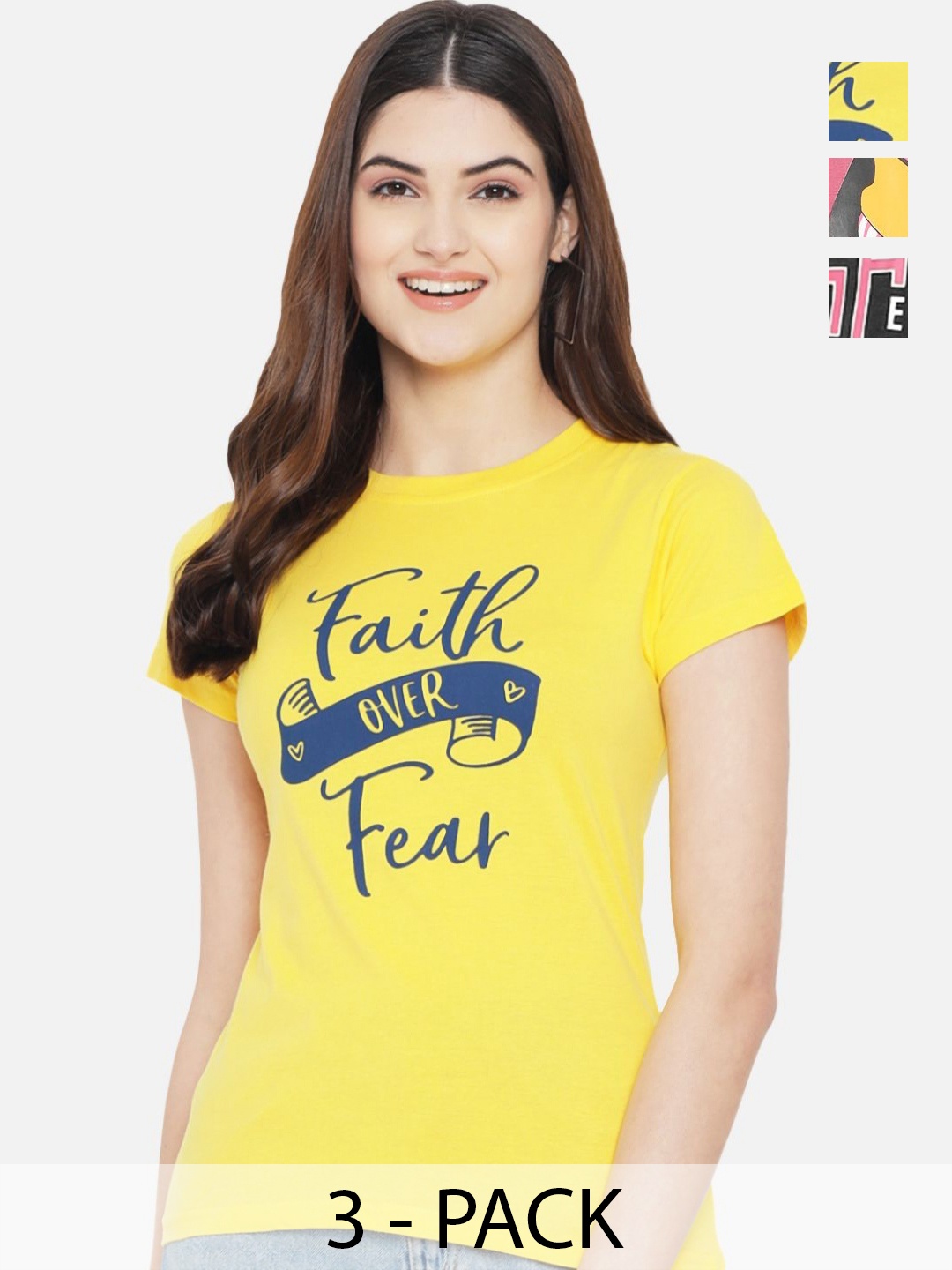 

Dreambe Women Pack of 3 Typography Printed Round Neck Cotton T-shirts, Yellow