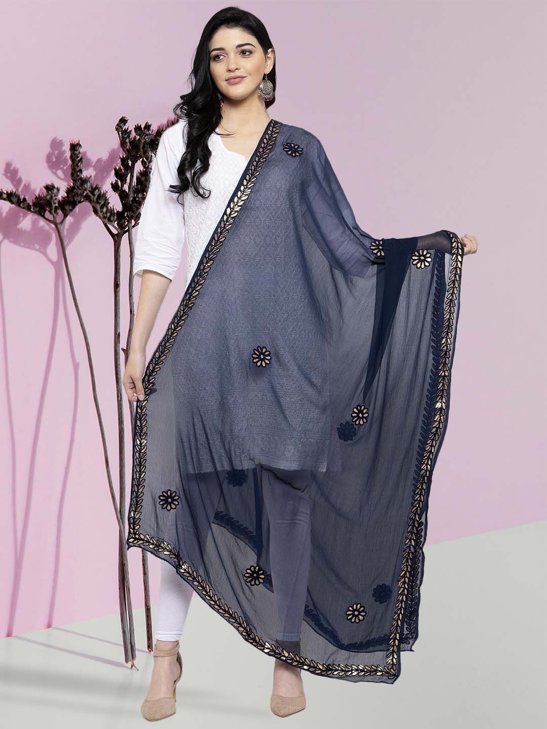 

Moda Rapido Embroidered Foil Print Dupatta With Gotta Patti, Navy blue