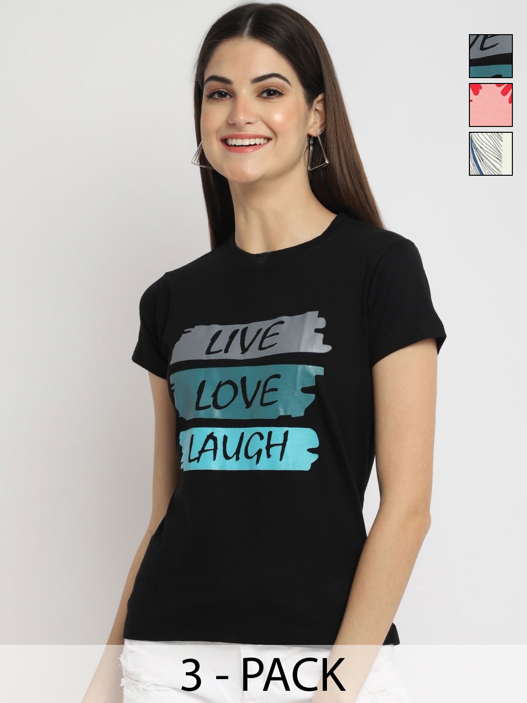 

Dreambe Women Pack of 3 Typography Printed Round Neck Cotton T-shirts, Black