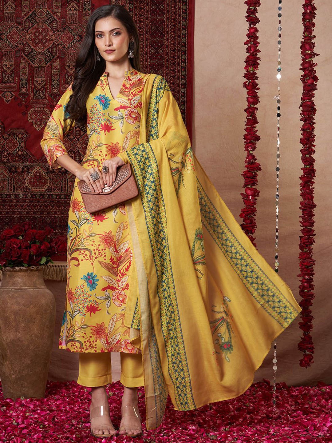 

KALINI Floral Printed Mandarin Collar Straight Kurta With Trouser And Dupatta, Mustard