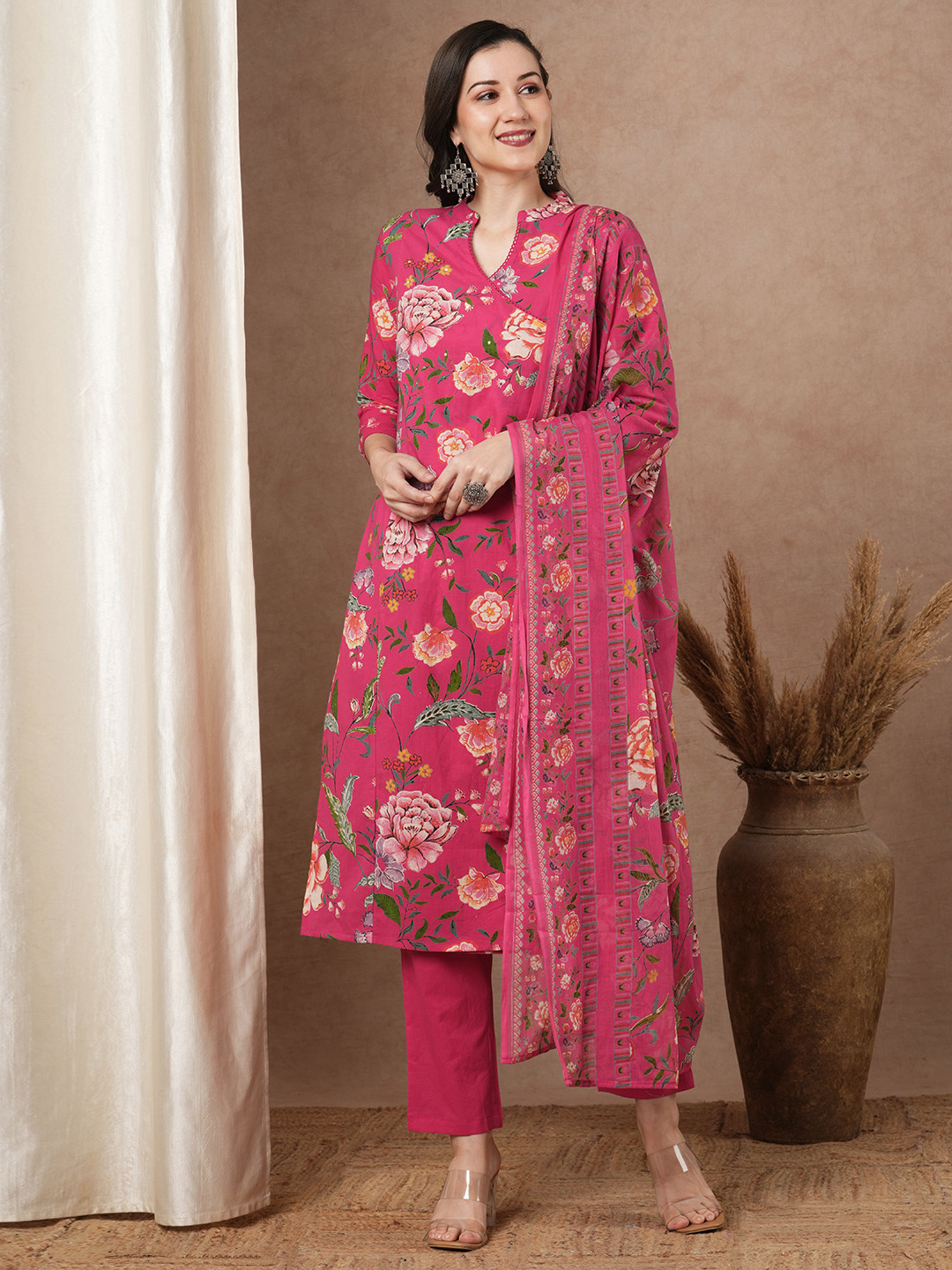 

FASHOR Ethnic Motifs Printed Pure Cotton Kurta With Trousers & Dupatta, Pink