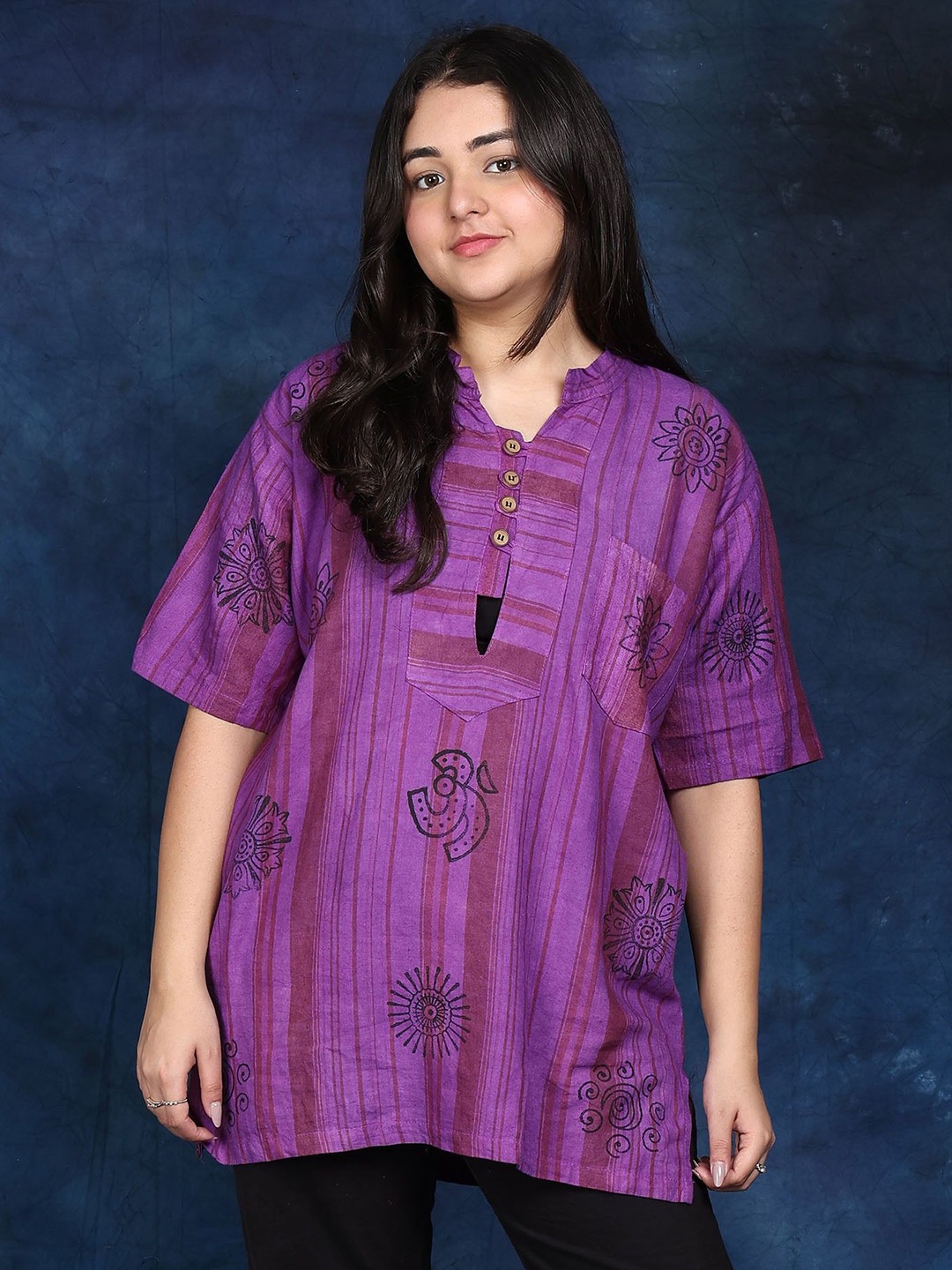 

Exotic India Women Printed Hindu Religious Symbols Short Kurti with Pinstripe Pattern, Purple
