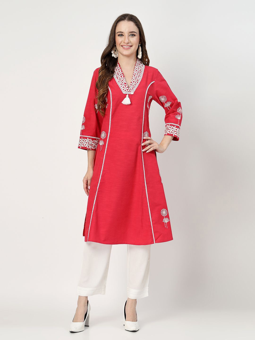 

COSMIC TRIO Embroidered Thread Work V-Neck A-Line Kurta, Red