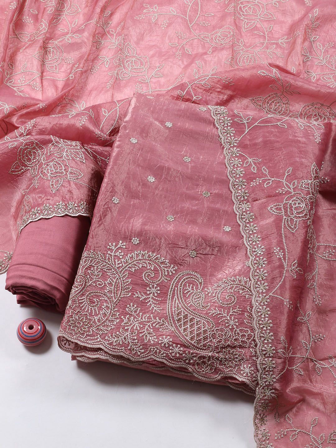 

Meena Bazaar Paisley Embroidered Stone Work Unstitched Dress Material, Pink