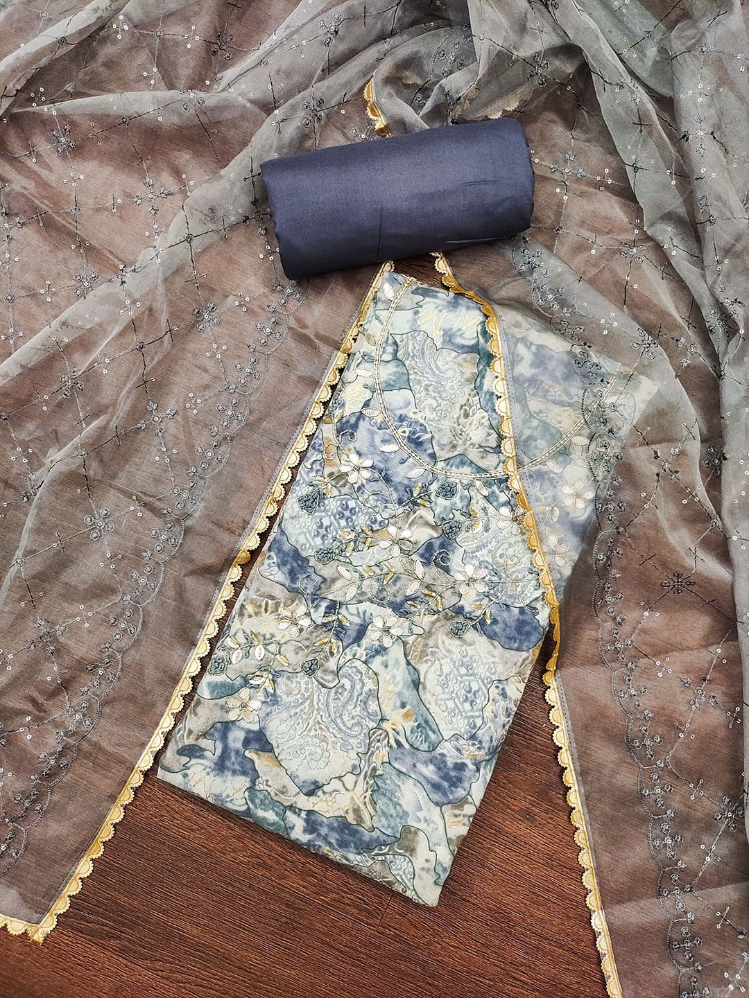 

SHADOW & SAINING Abstract Printed Sequinned Pure Silk Unstitched Dress Material, Blue