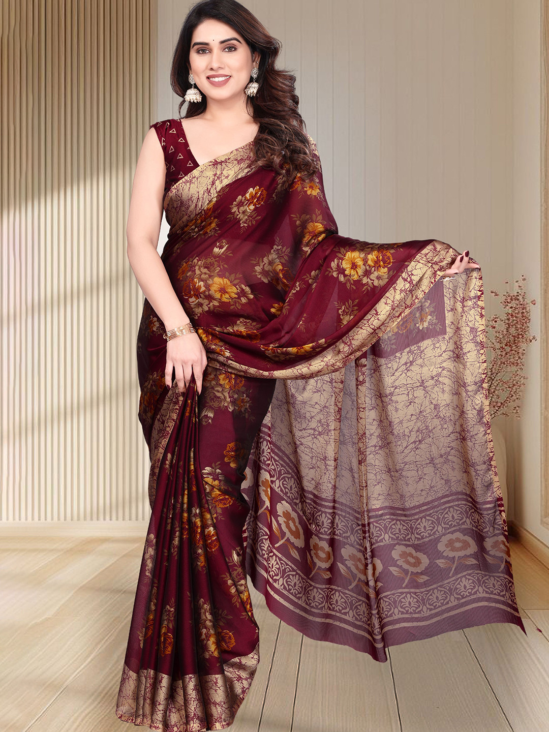

MAGNEITTA Floral Printed Pure Chiffon Saree, Maroon