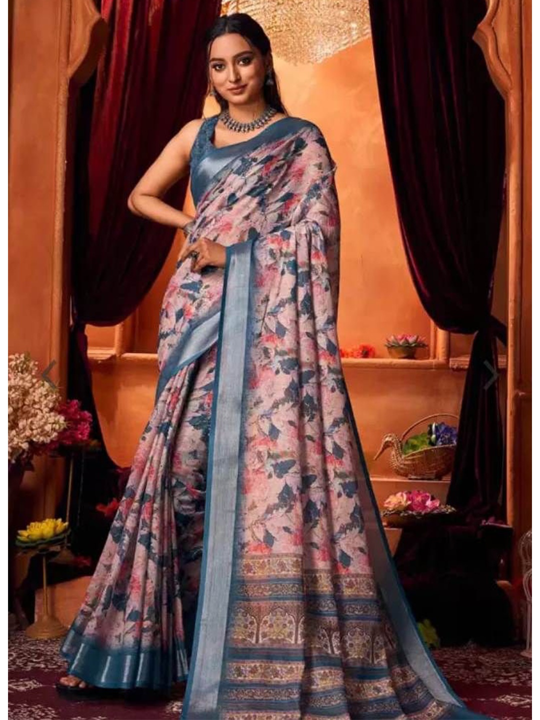 

Mitera Floral Pure Cotton Saree, Blue