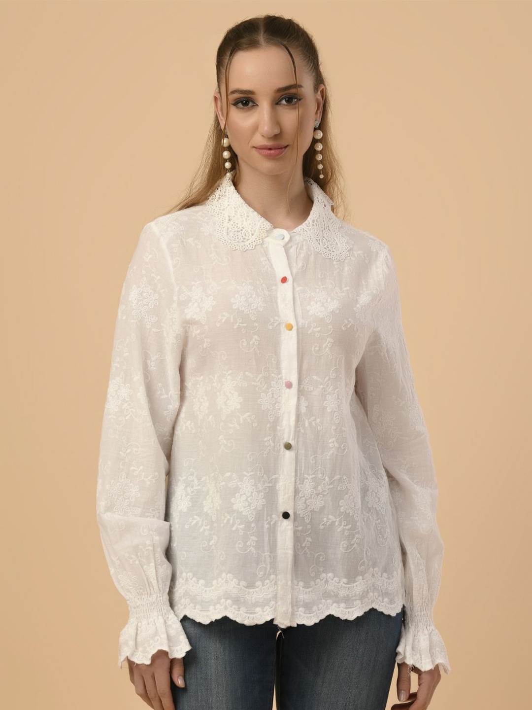 

Albion By CnM Women Self Design Mandarin Collar Puff Sleeves Shirt Style Top, White