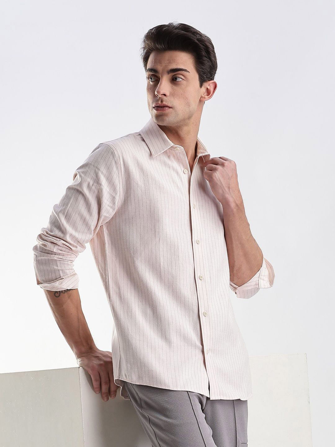 

Calvin Klein Jeans Pinstripes Striped Spread Collar Slim-Fit Linen Shirt, Beige