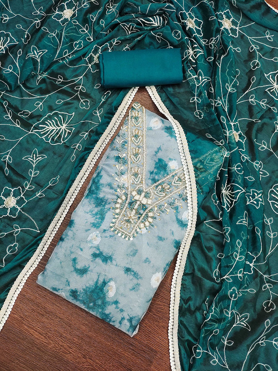 

SHADOW & SAINING Floral Embroidered Beaded Organza Semi-Stitched Dress Material, Teal