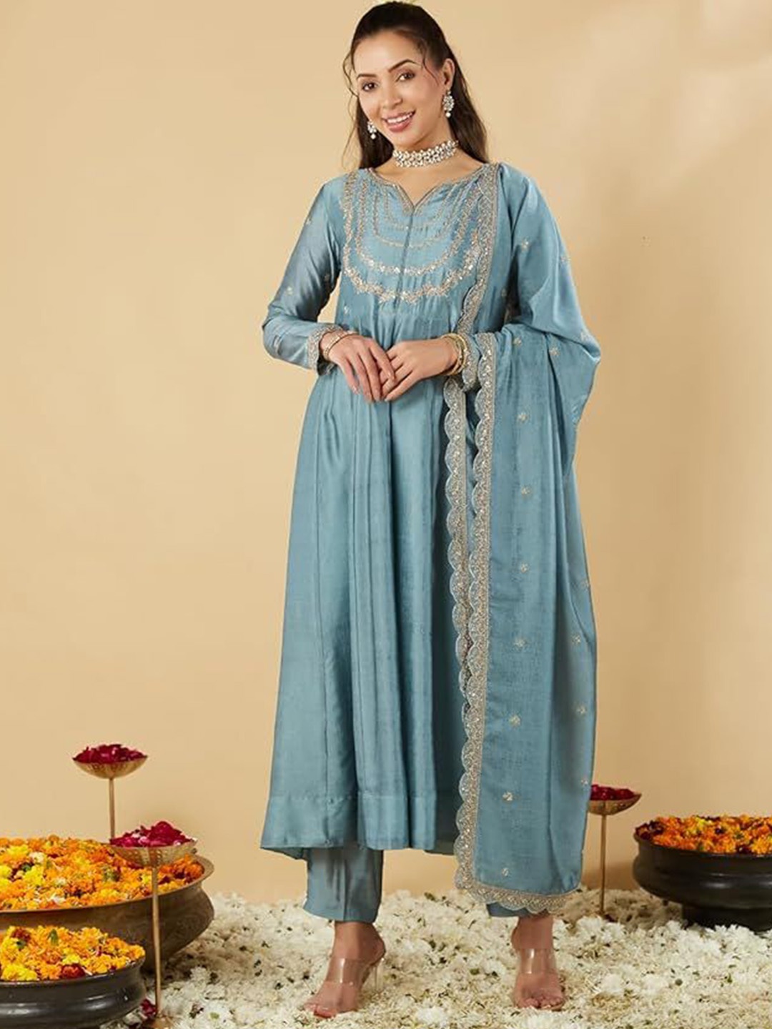 

KALINI Floral Embroidered Notch-Neck Sequinned Kurta With Trousers And Dupatta, Blue