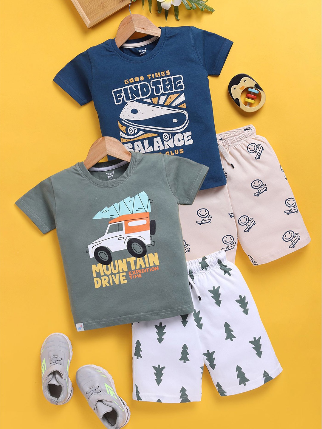 

Toonyport Boys Pack Of 2 Printed Short Sleeves Pure Cotton T-shirt With Shorts, Blue