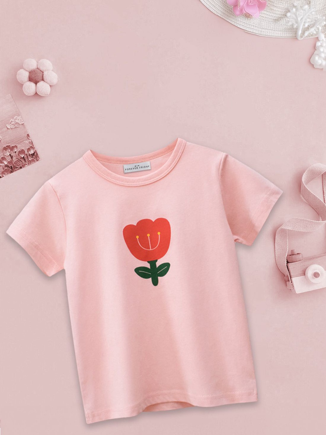 

FOREVER FRIDAY Girls Graphic Printed Round Neck Short Sleeves Cotton T-shirt, Pink
