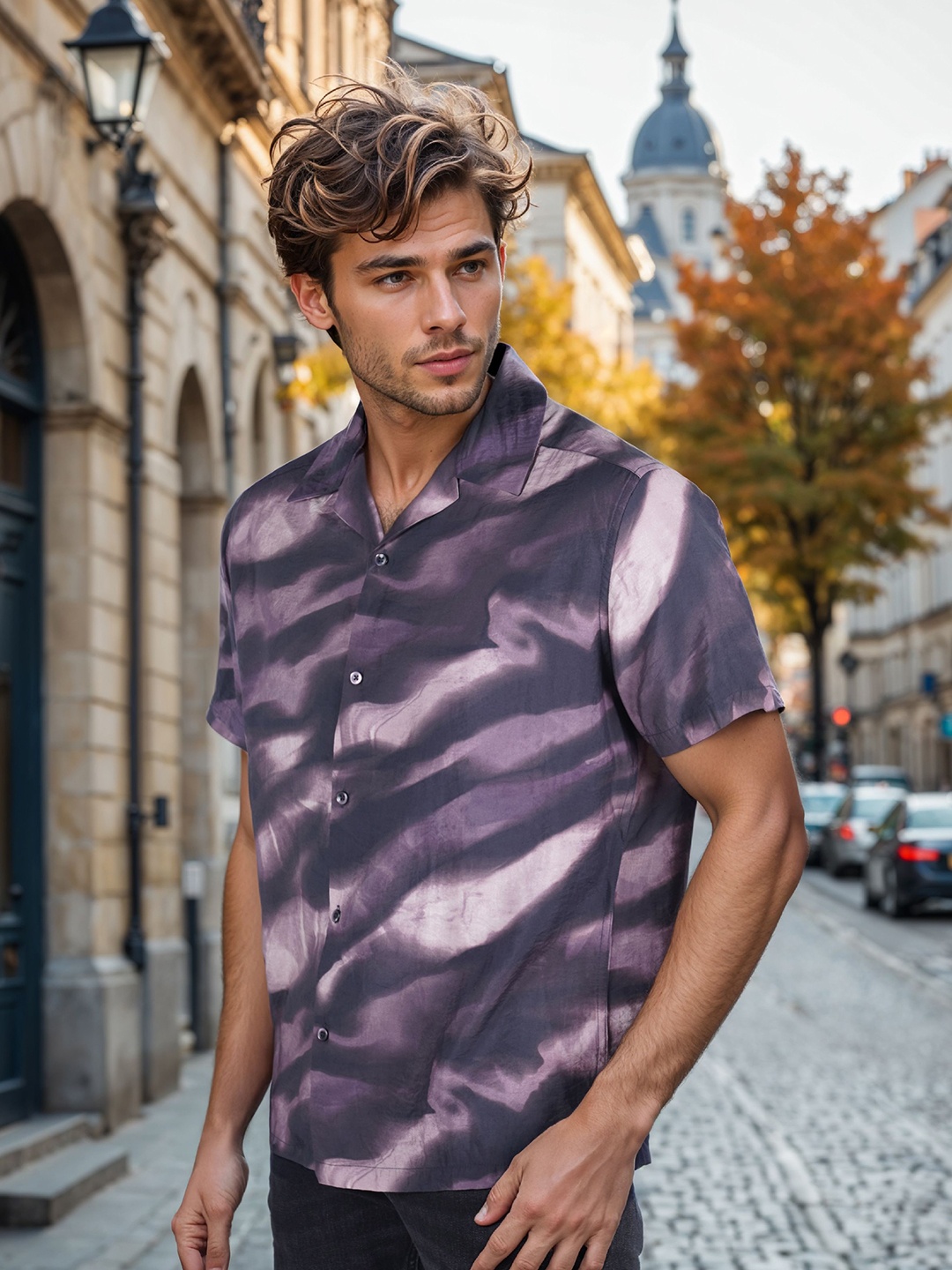 

Celio Classic Tie and Dye Printed Cuban Collar Shirt, Purple