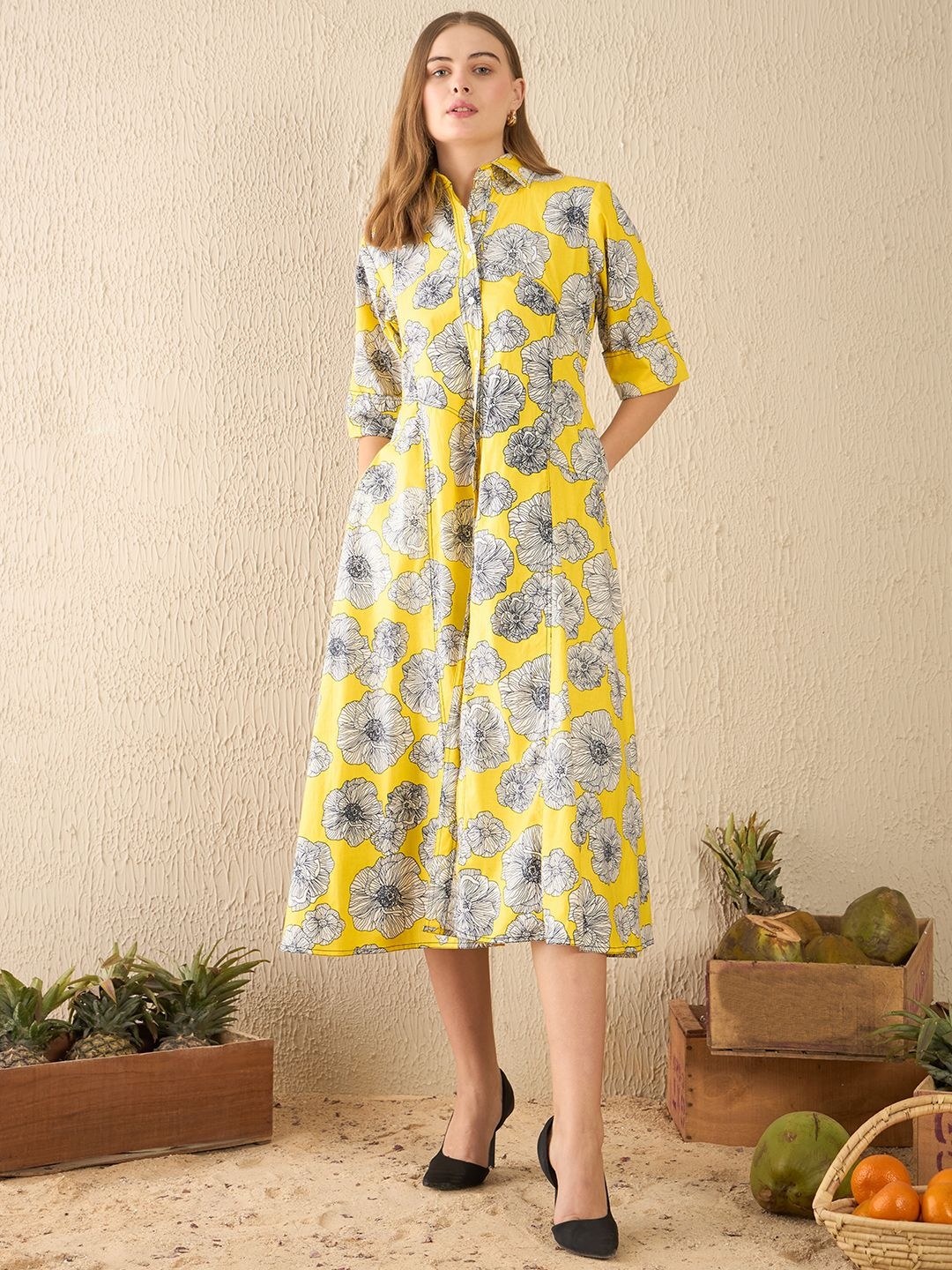 

Uptownie Buttoned Down Cotton Midi Dress, Yellow