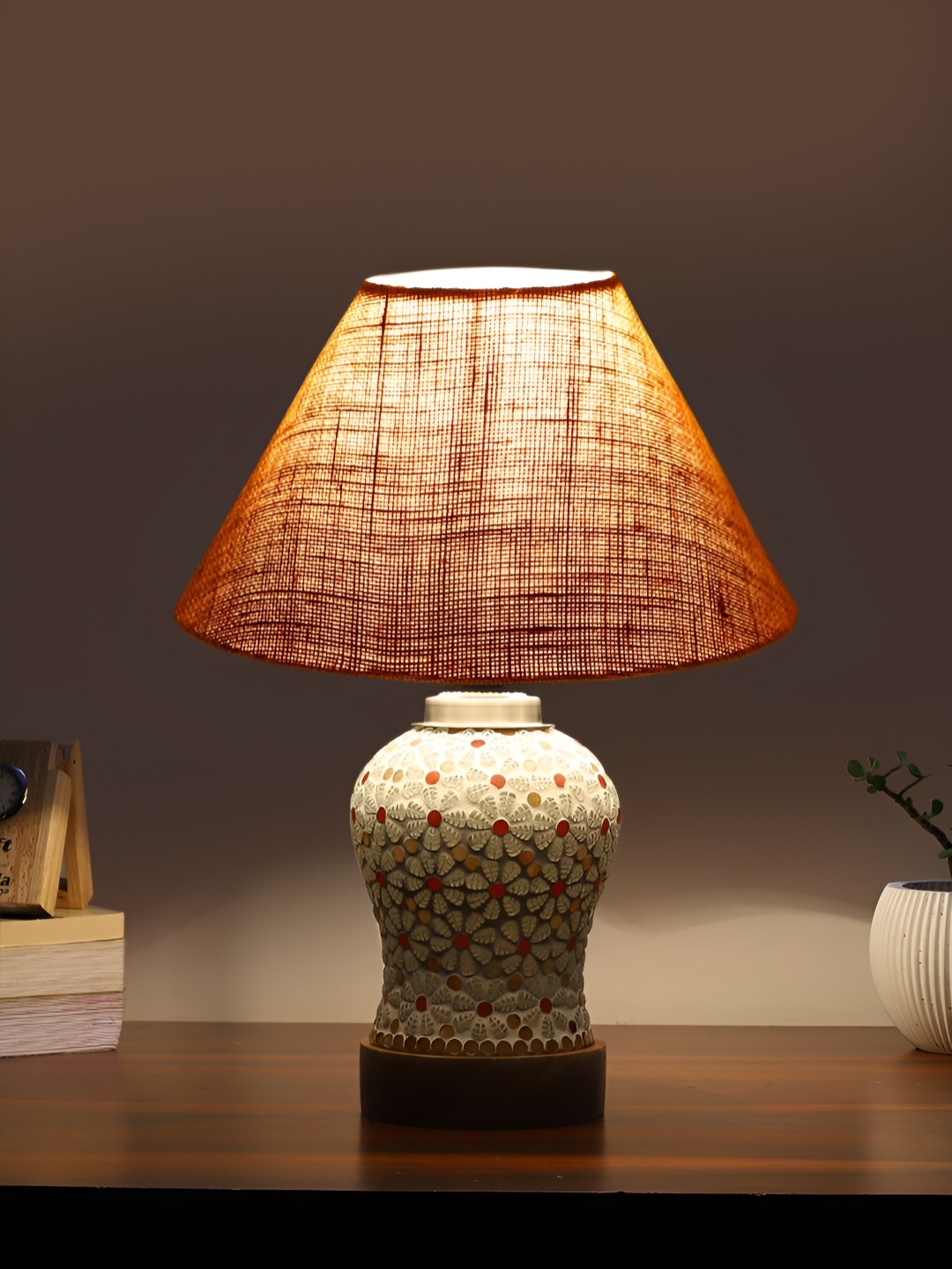 

Devansh Beige Printed Wooden Frustum Shaped Table Lamp With Mosaic Glass Base