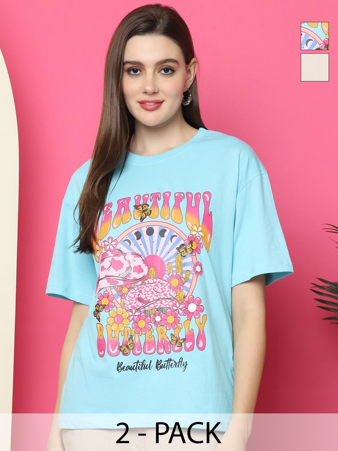 

Tromko Women Pack of 2 Graphic Printed Round Neck Cotton Oversized T-shirts, Blue