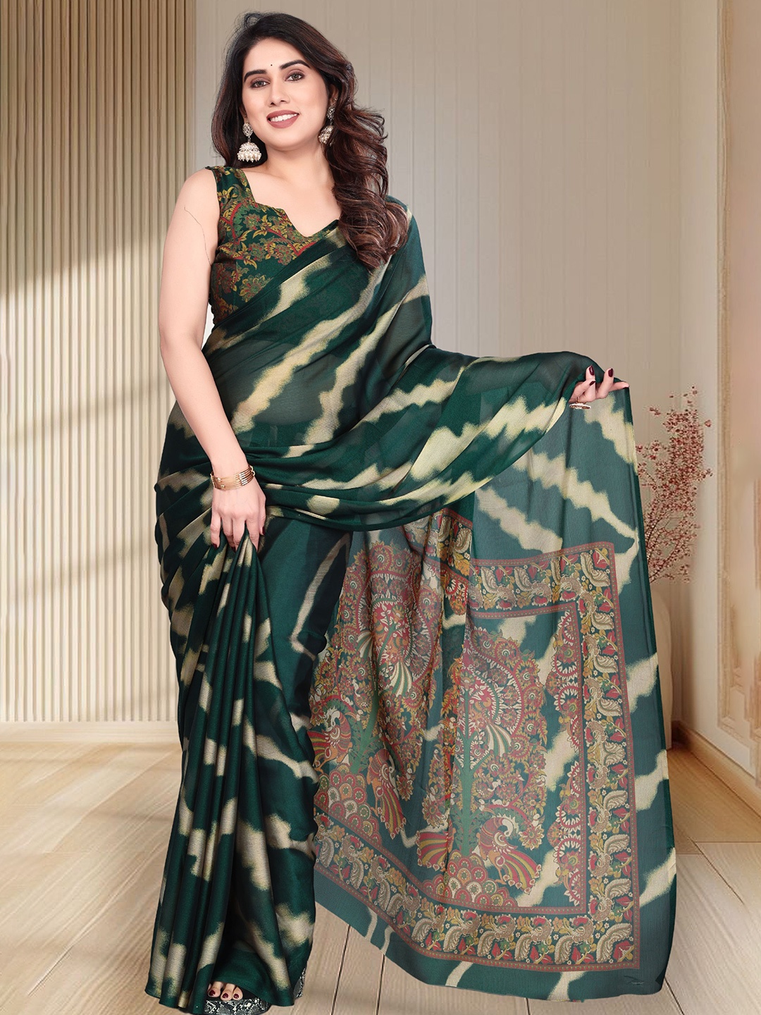 

MAGNEITTA Striped Pure Chiffon Saree, Green