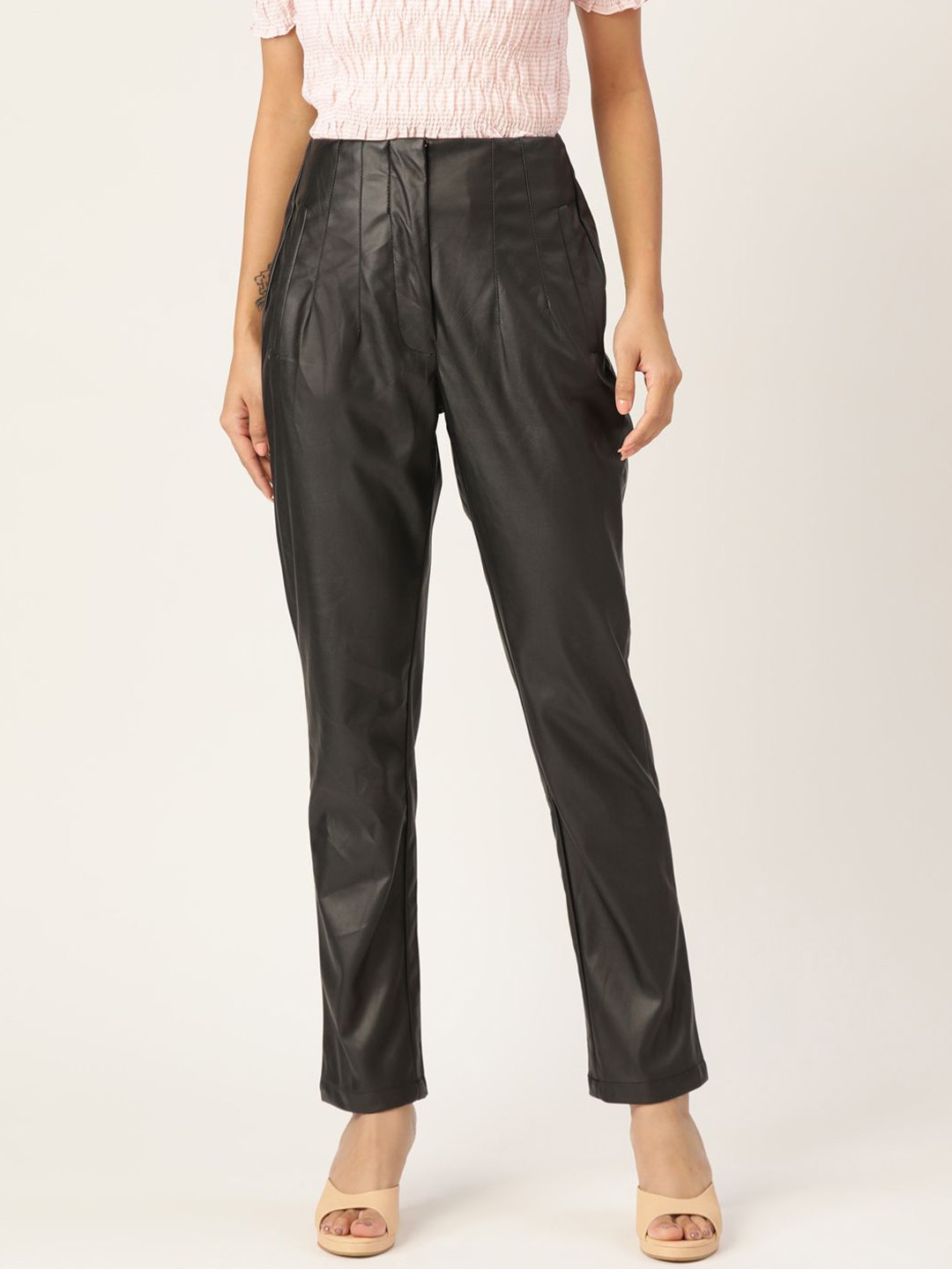 

Zastraa Women Smart Slim Fit High-Rise Pleated Trousers, Black