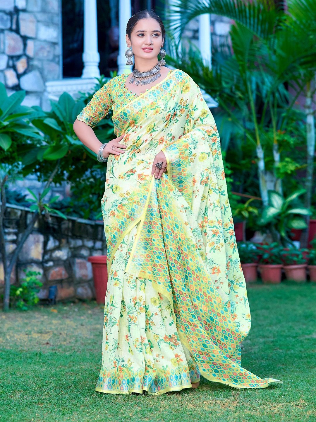 

ORUS Floral Printed Pure Cotton Saree, Green