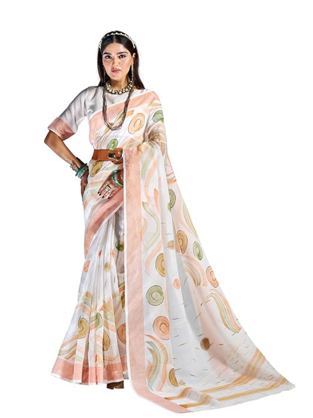 

BW X BUTTERFLY Geometry Printed Pure Cotton Saree, Off white