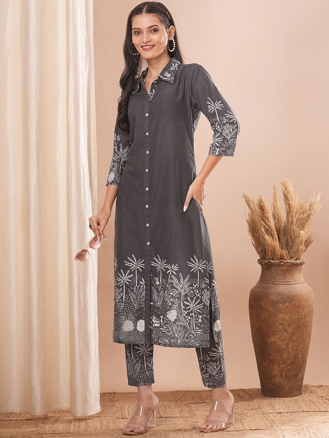 

FASHOR Floral Printed Pure Cotton Tunic & Trousers, Grey