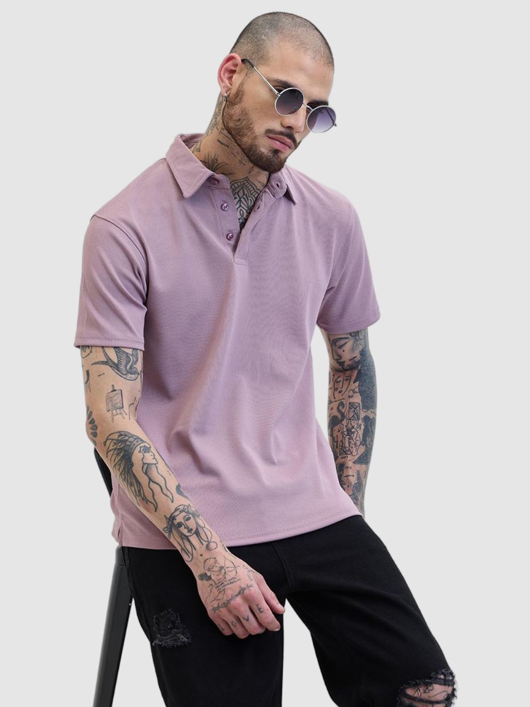 

Snitch Polo Collar Self Design Slim Fit T-shirt, Lavender