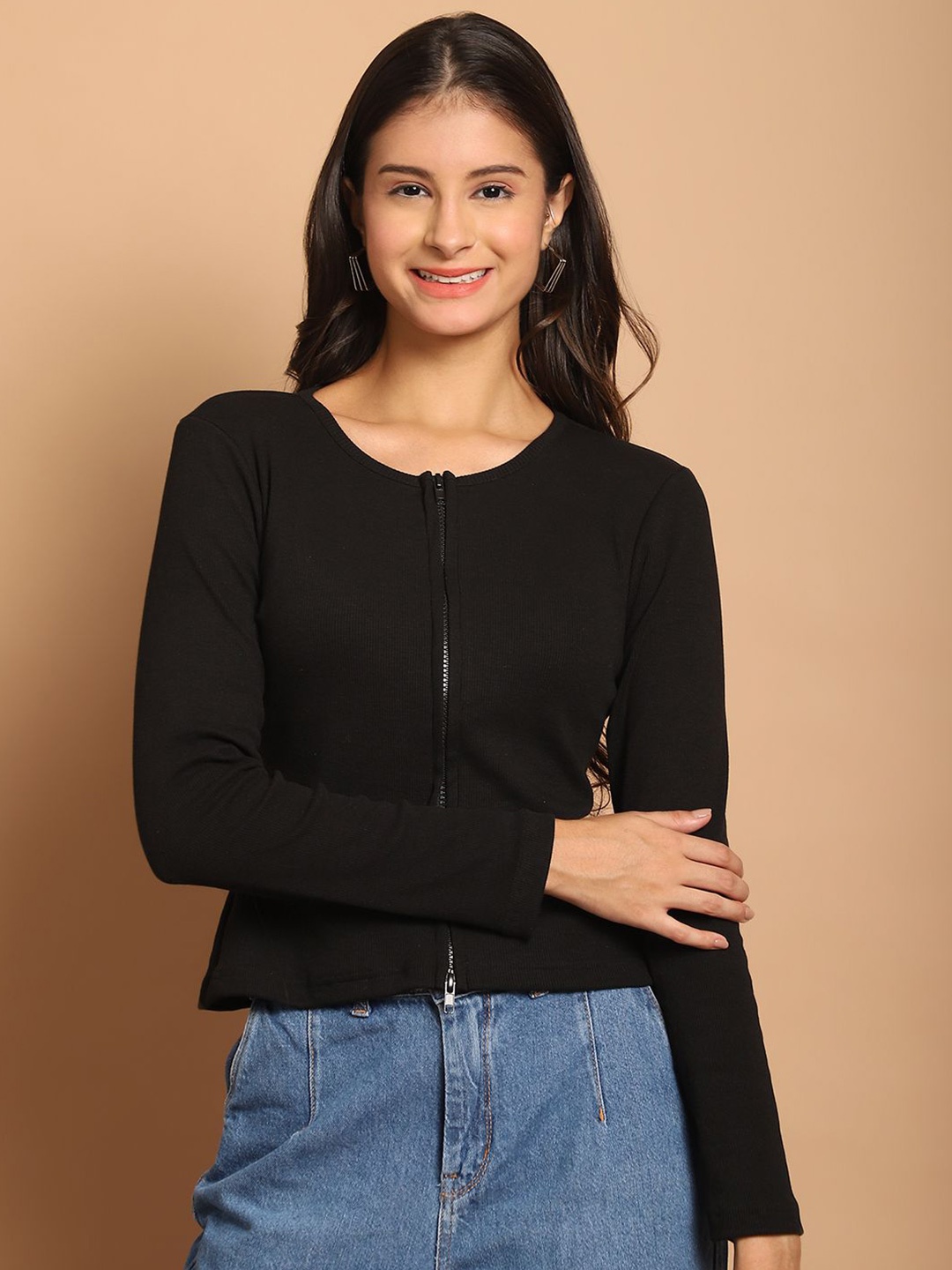 

JAKANARY Women Round Neck Long Sleeves Cotton Top, Black