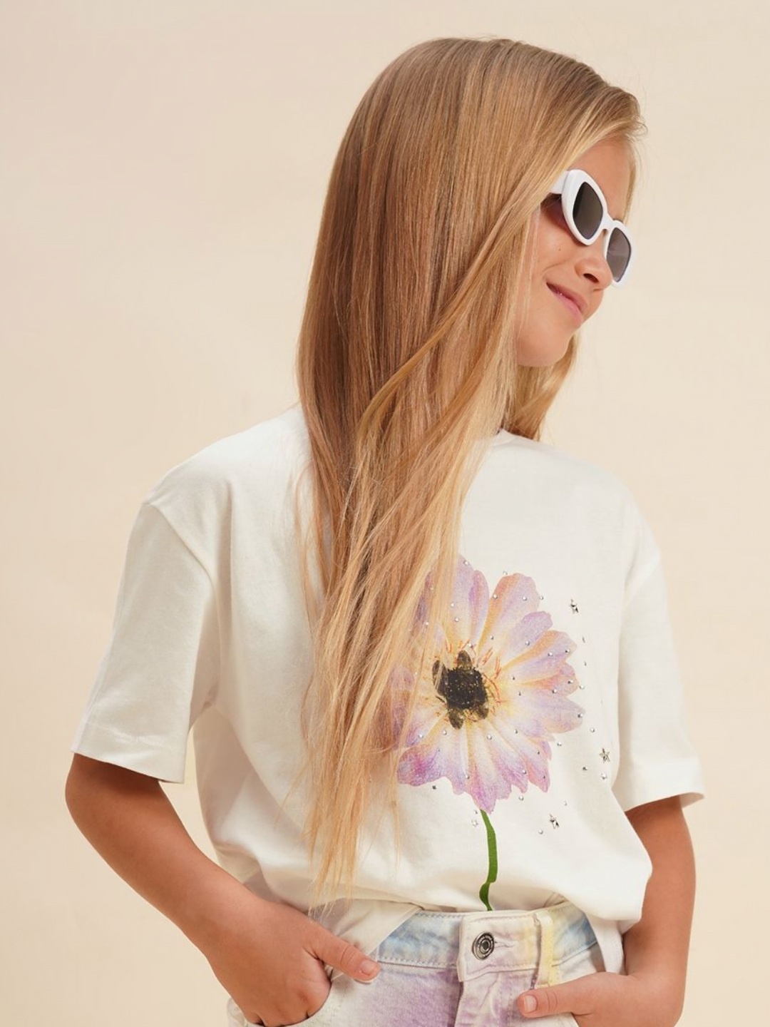 

Vero Moda Girls Floral Printed Round Neck Cotton T-shirt, White