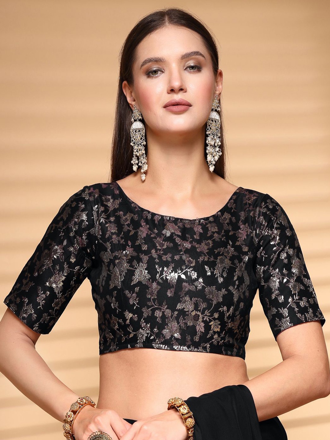 

Oomph! Woven Design Non-Padded Saree Blouse, Black