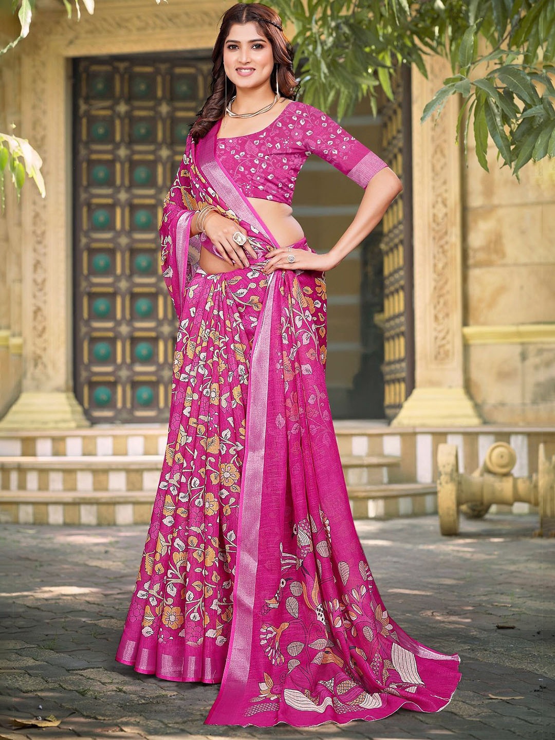 

ORUS Ethnic Motifs Zari Pure Cotton Saree, Pink