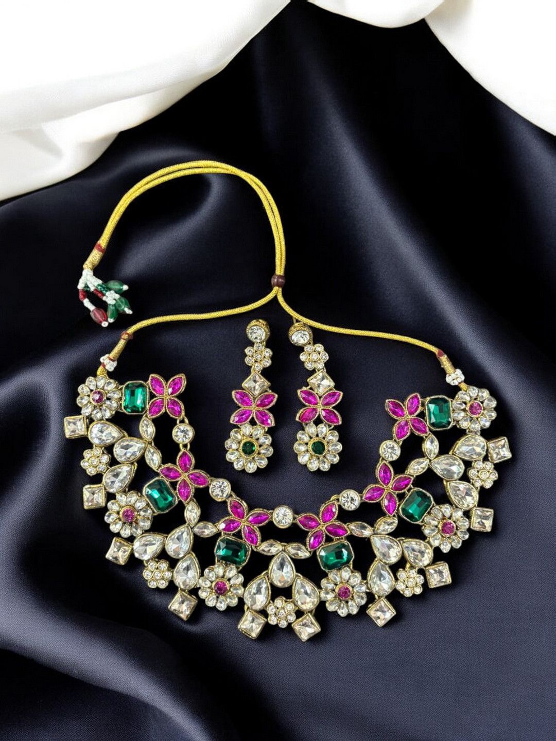 

Saree Swarg Brass-Plated Artificial Stones Studded Jewellery Set, Pink