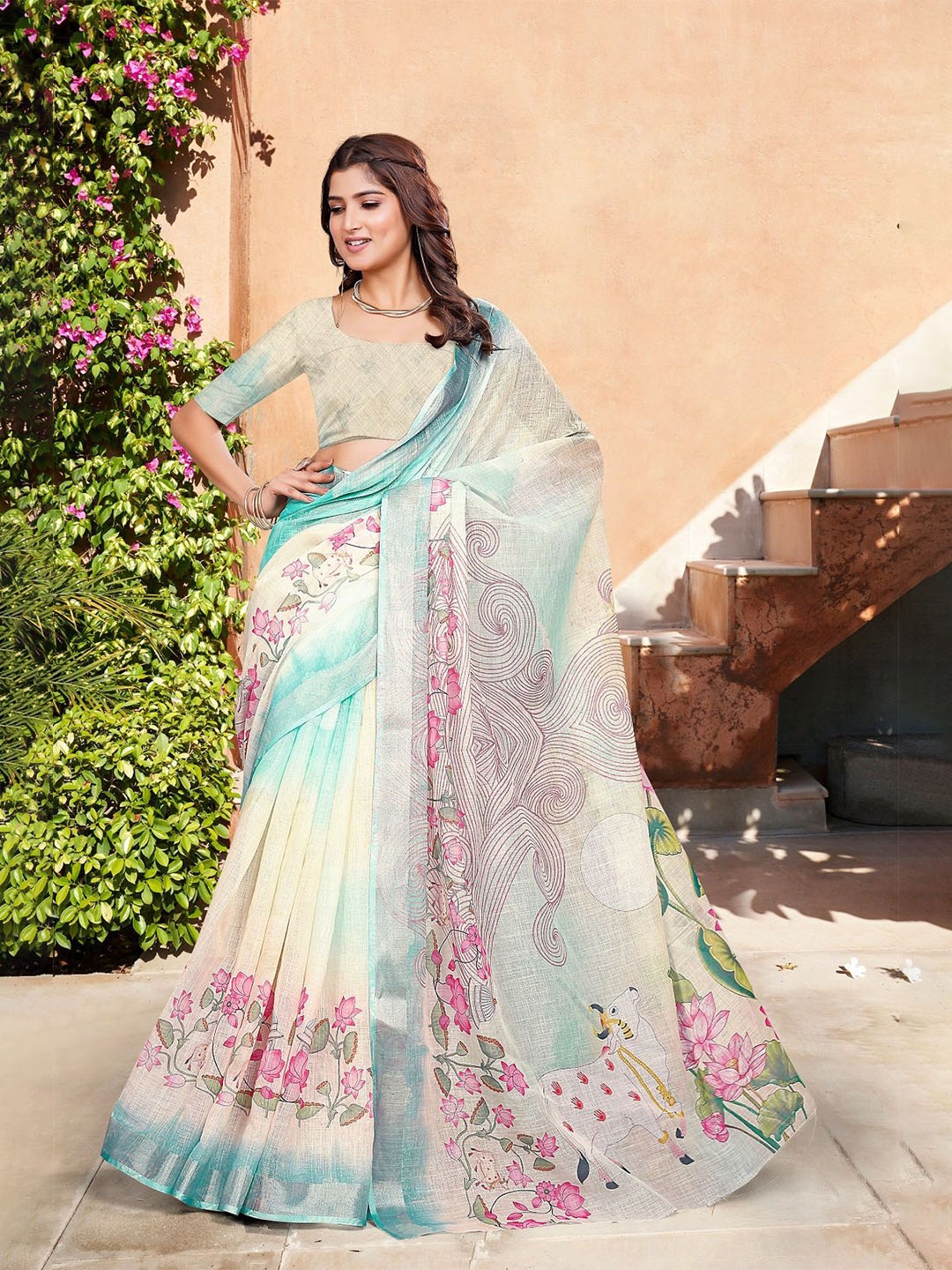 

ORUS Ethnic Motifs Printed Pure Cotton Saree, Blue
