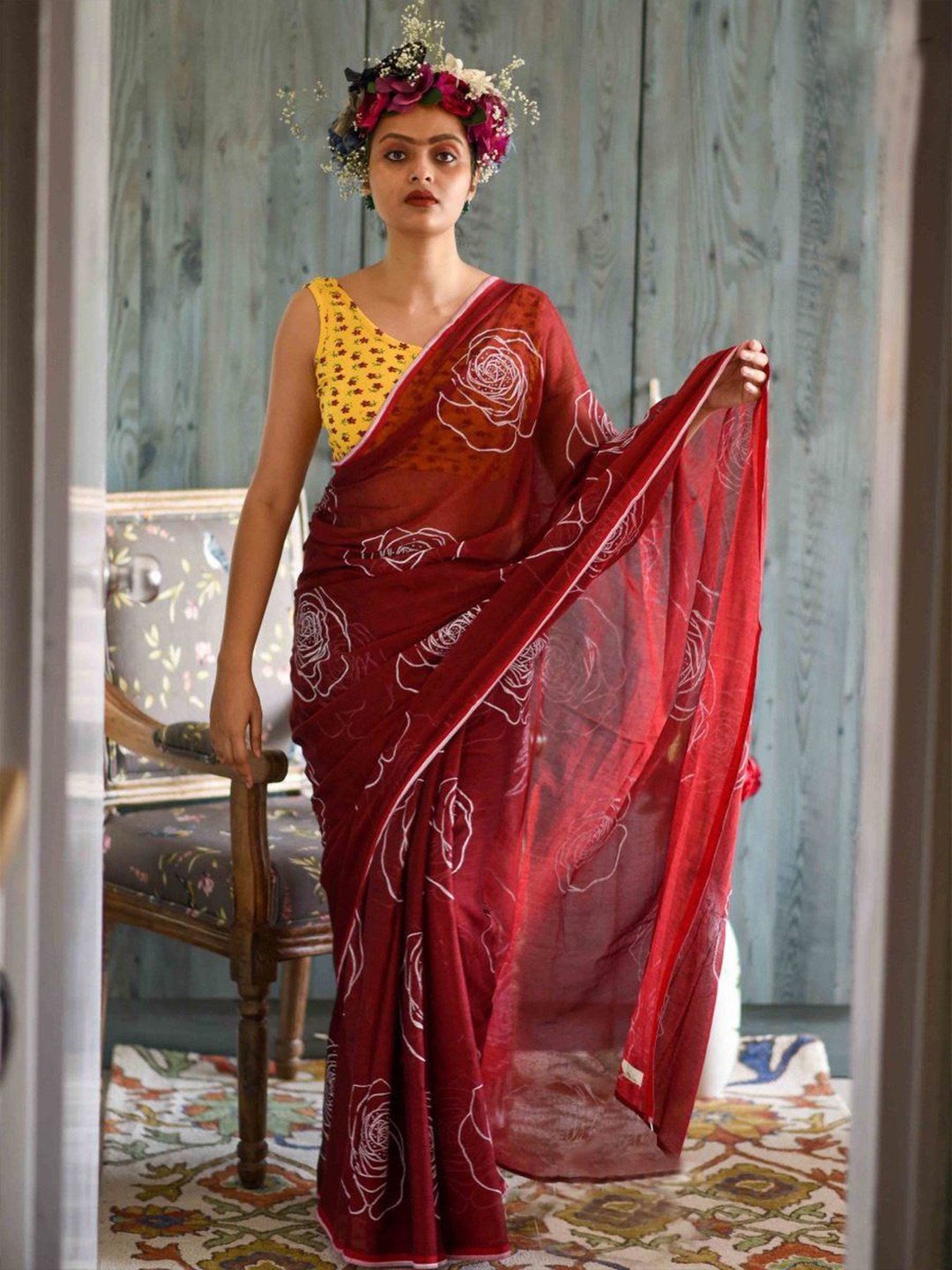 

ORUS Floral Pure Cotton Saree, Red