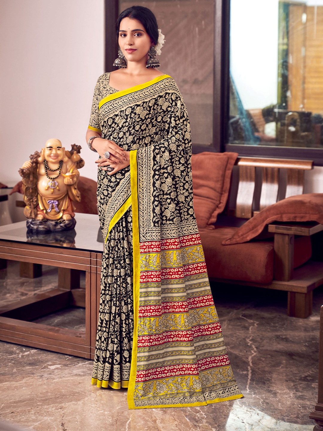

VEECHIS Ethnic Motifs Printed Pure Cotton Bagru Saree, Yellow