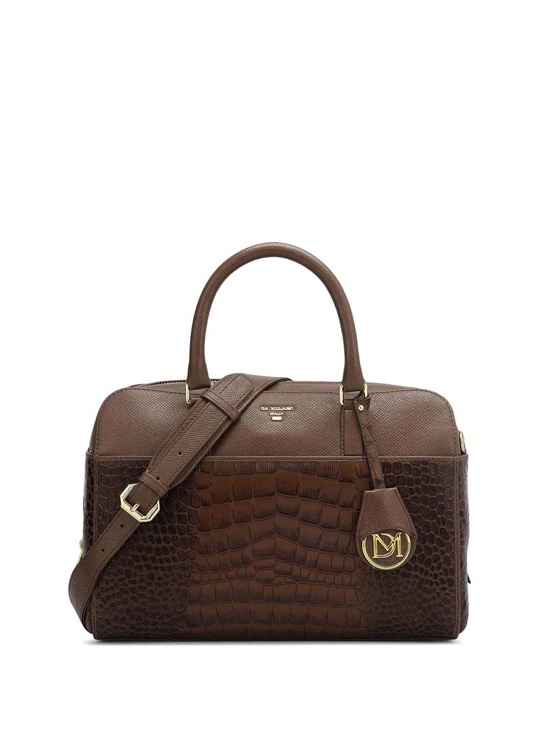 

Da Milano Leather Bowling Satchel with Cut Work, Brown