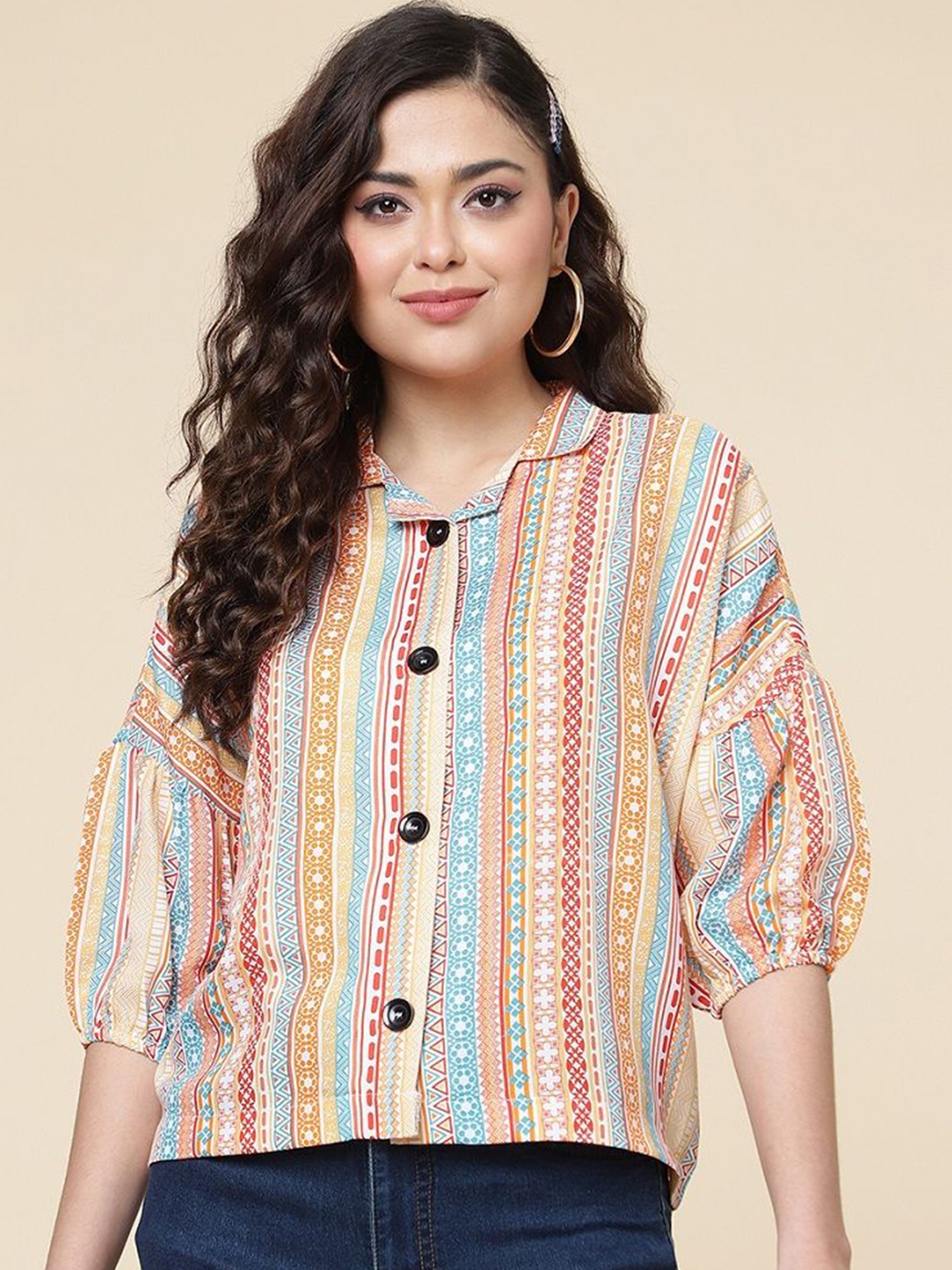 

Metronaut Smart Ethnic Motifs Printed Opaque Boxy Party Shirt, Orange