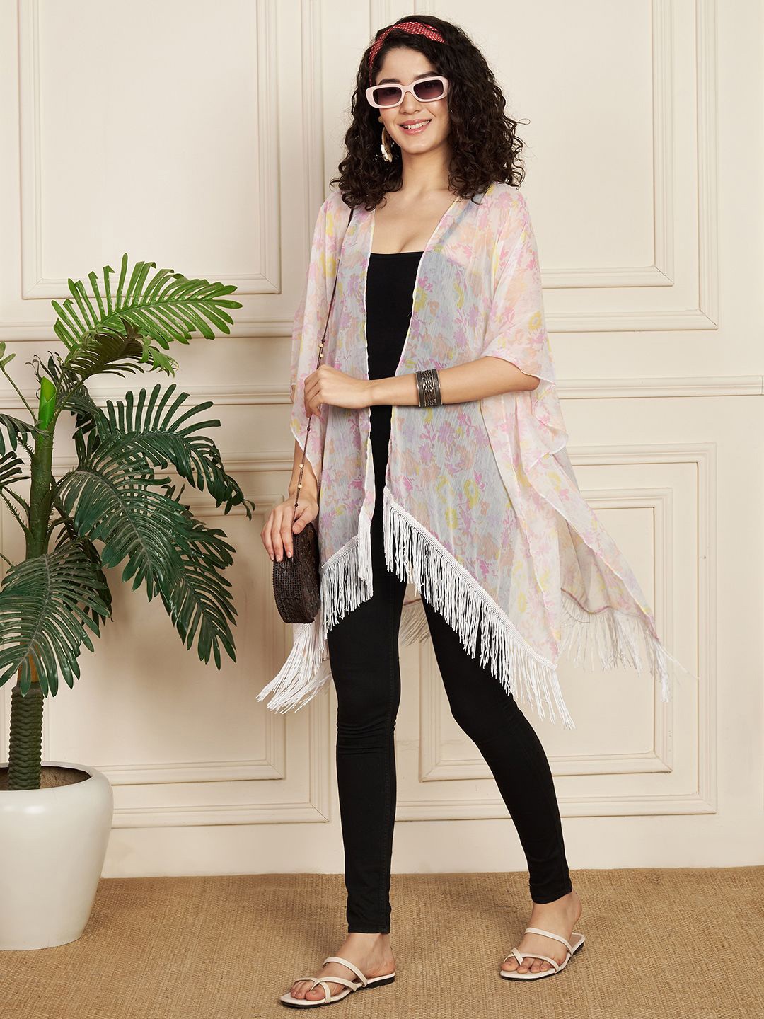 

Fbella Floral Printed Shrug, White