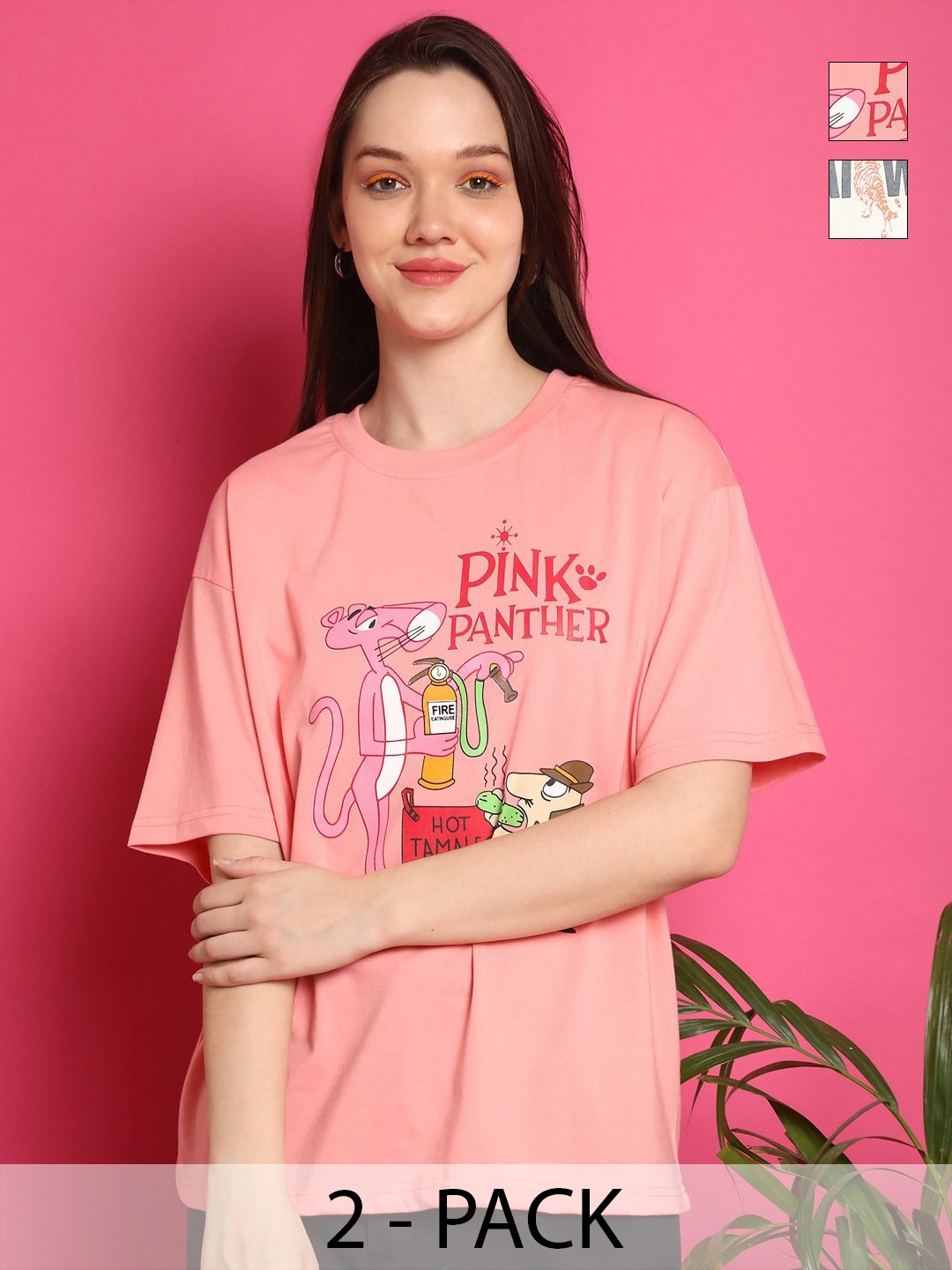 

Tromko Women Pack of 2 Graphic Printed Round Neck Cotton Oversized T-shirts, Peach