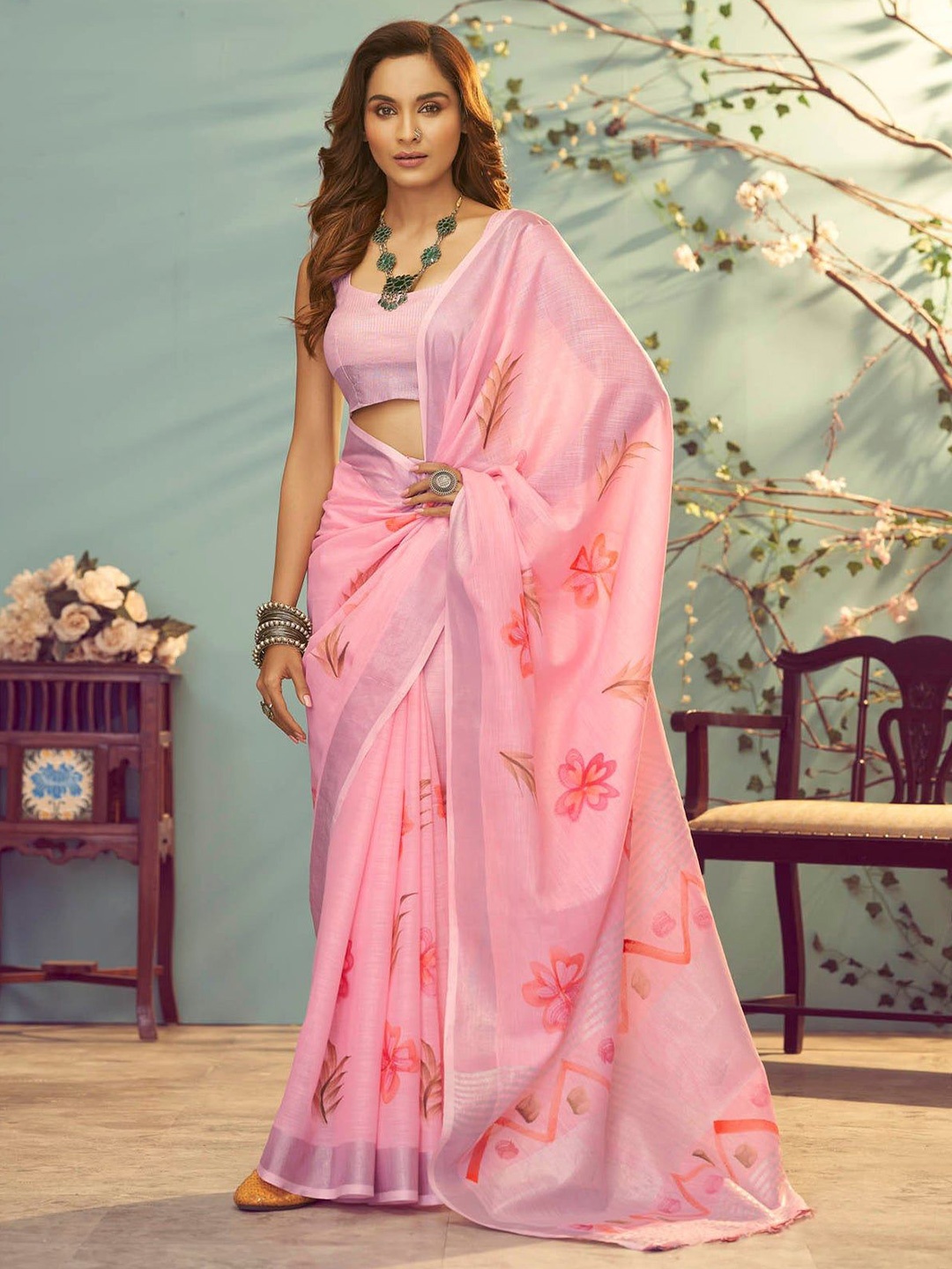 

ORUS Floral Printed Pure Cotton Saree, Pink
