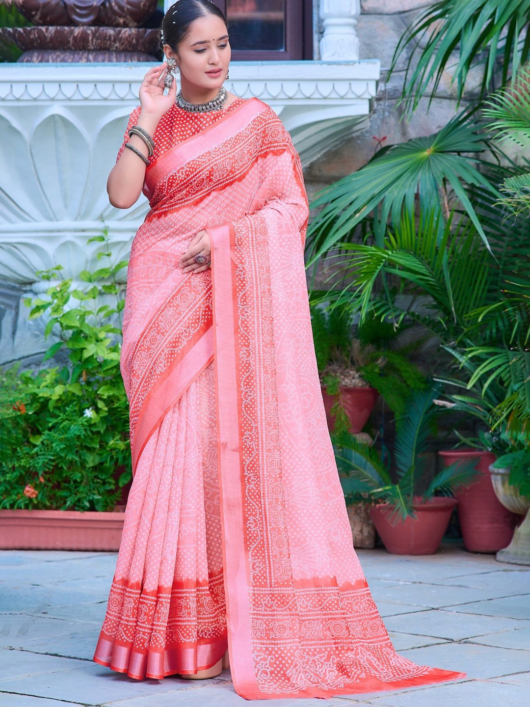 

ORUS Bandhani Printed Pure Cotton Saree, Pink