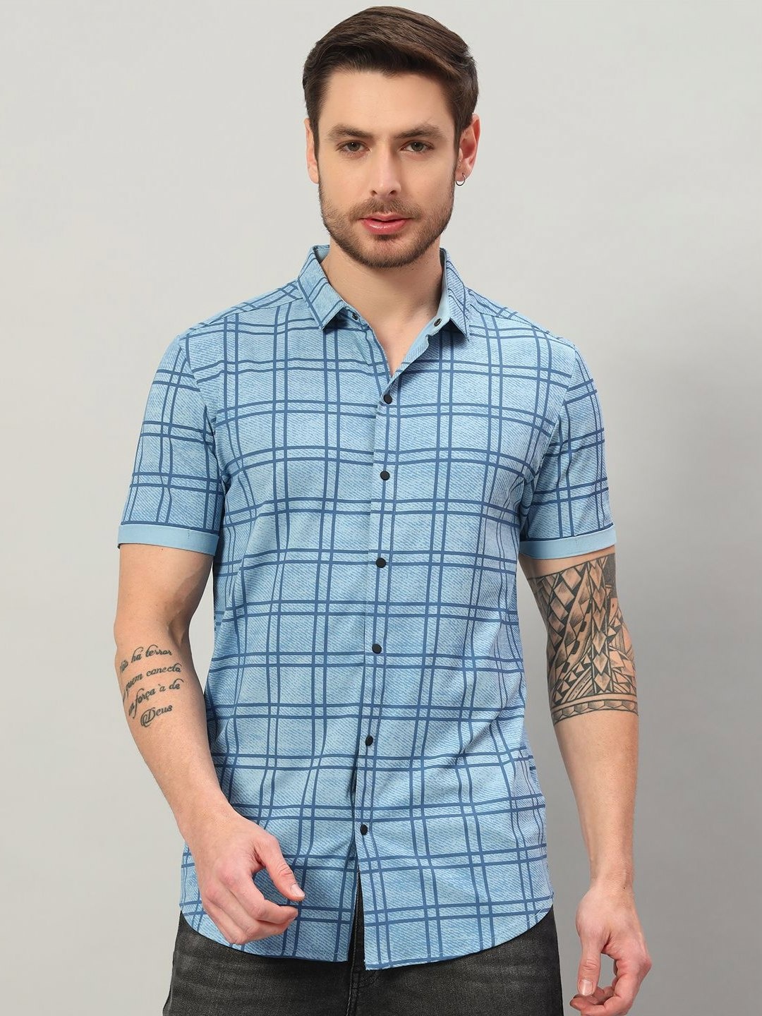 

PROFY Men Checked Cotton Casual Shirt, Blue