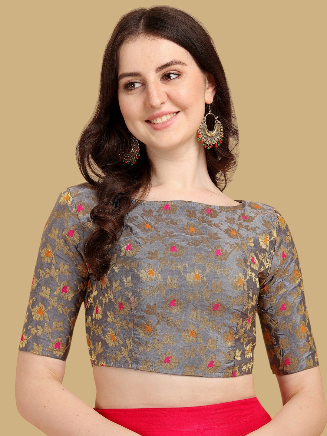 

Oomph! Ethnic Motifs Woven Design Jacquard Traditional Saree Blouse, Grey