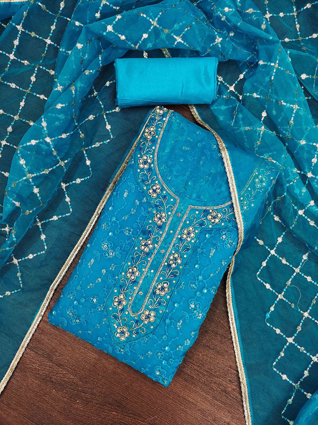 

SHADOW & SAINING Floral Embroidered Beads & Stones Organza Unstitched Dress Material, Blue