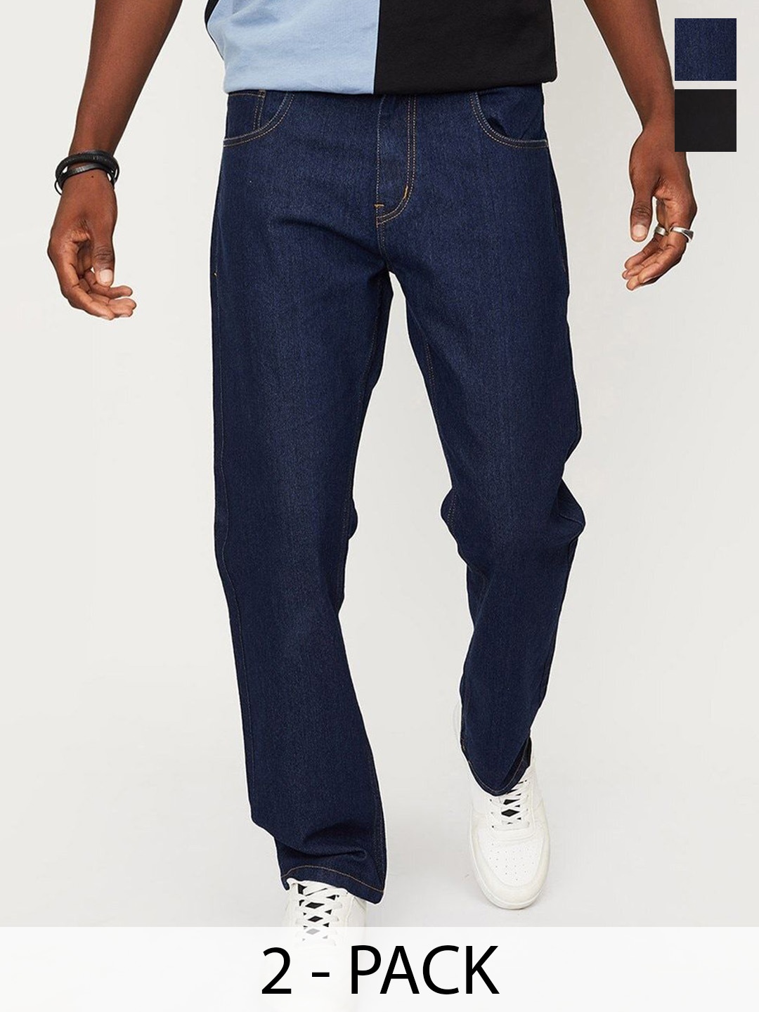 

INDIROCKS Men Pack of 2 Jean Regular Fit Mid-Rise Stretchable Jeans, Black