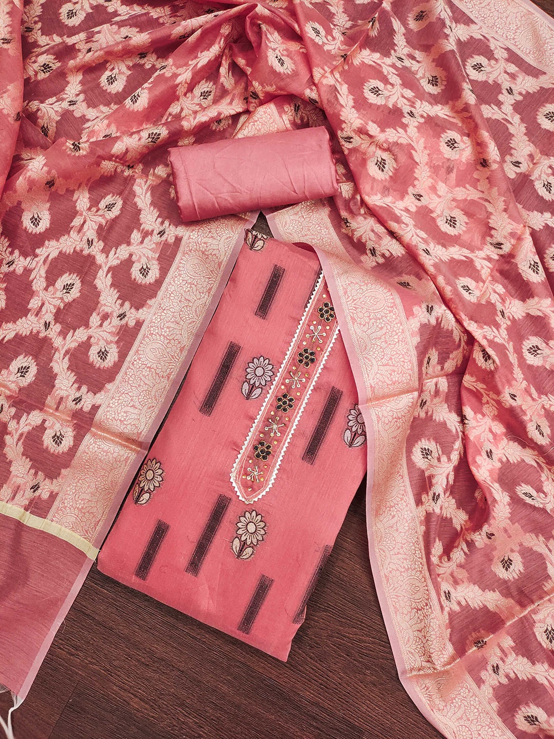 

SHADOW & SAINING Floral Woven Design Banarasi Chanderi Silk Semi-Stitched Dress Material, Peach